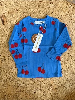 NWT Mini Rodini Bright Blue Long Sleeve Top with Red Cherry Print